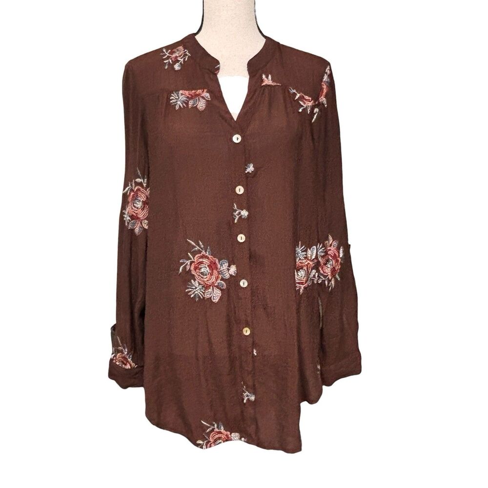 Anthropologie Figueroa & Flower Embroidered Floral Button Down Blouse Sz L Brown
